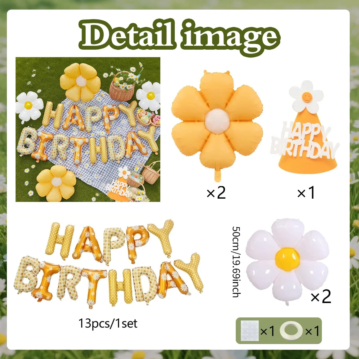 Gänseblümchen Blumen Alles Gute zum Geburtstag Brief Ballon Blume Aluminiumfolie Ballon mit Geburtstag Hut Geburtstag Party Dekoration Lieferungen – Detail 2
