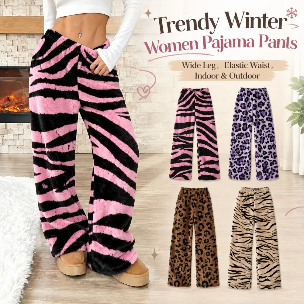 Y2K Fuzzy Women Pajama Pants Leopard Print Elastic Waist Winter Home Pants Wide Leg Soft Casual Trousers Everyday Outfits