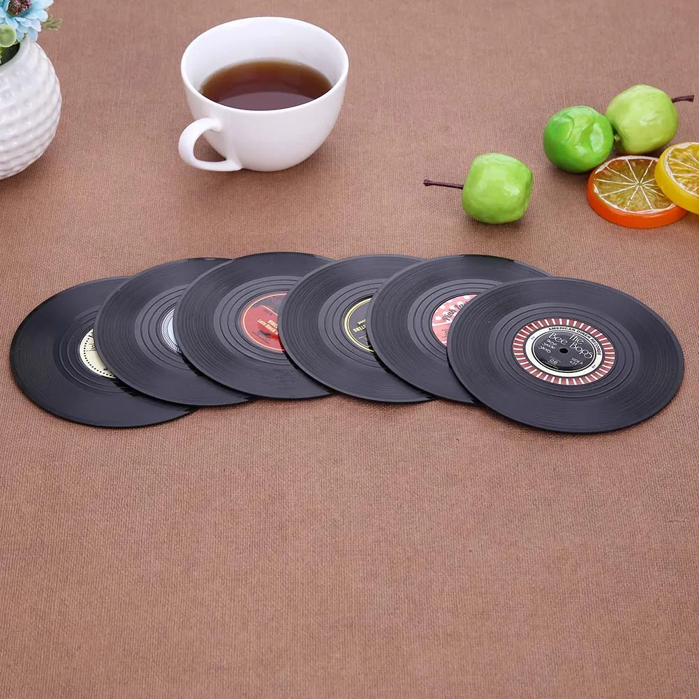 6 Pcs/Set Vinyl Original Coasters Holder Retro Record Disk Drink Mug Pad Mat Under Glass Hot Utensil Decorative Mat Table Pads