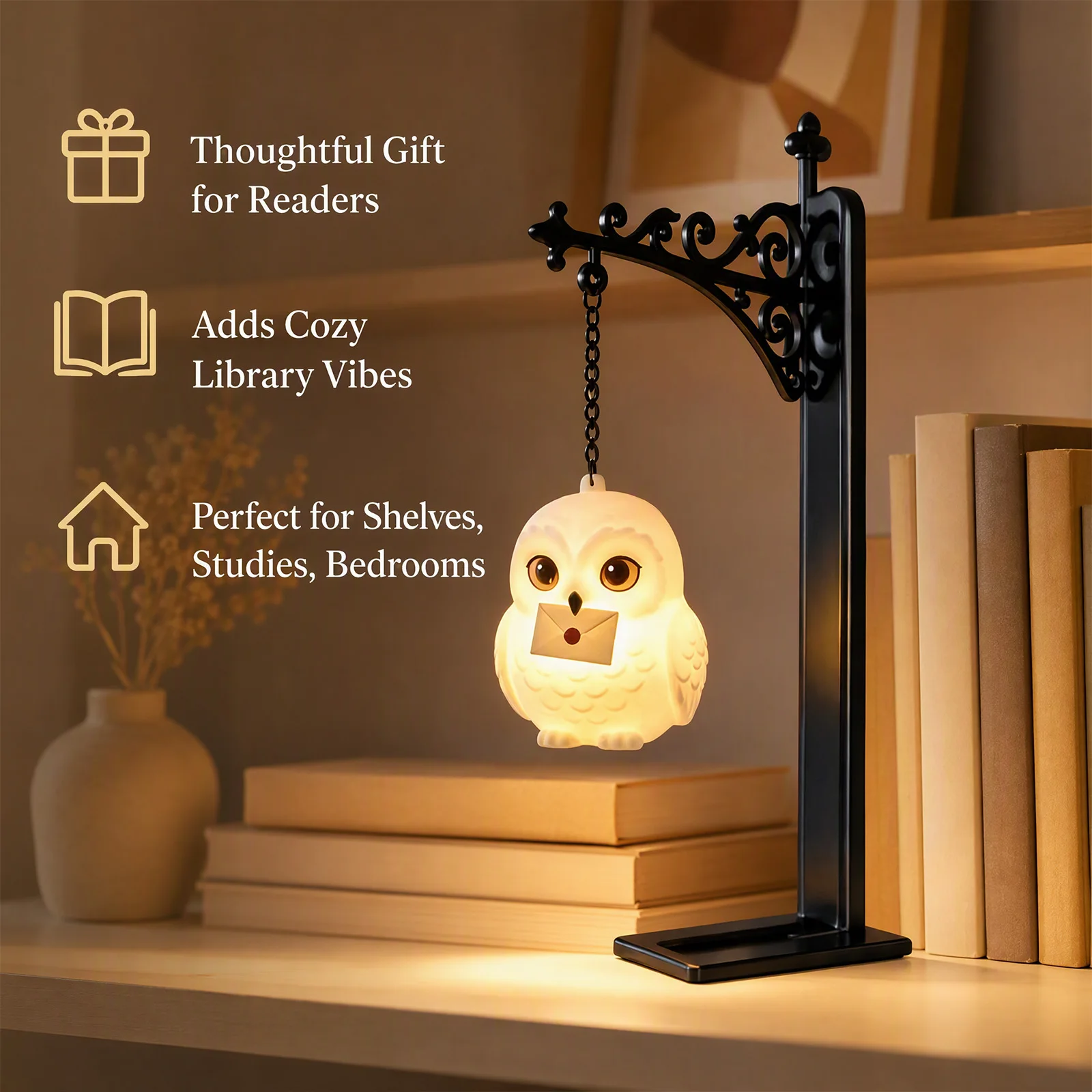 Hanging Iron Owl Bookshelf Decorative Light Bookend Reading Nook Home Library Bedroom Study Office Art
