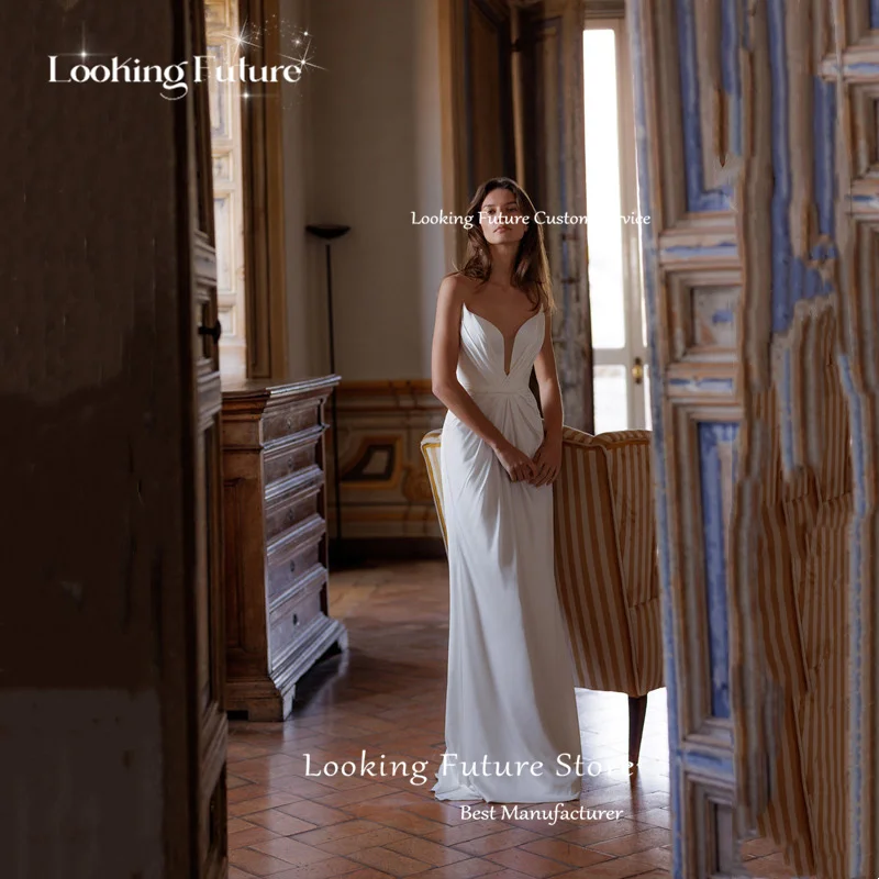 Morden Ivory Sheath Long Wedding Dress Simple Detachable Train Pleat Feathers Sexy Deep V Neck Backless Bridal Dresses 2026