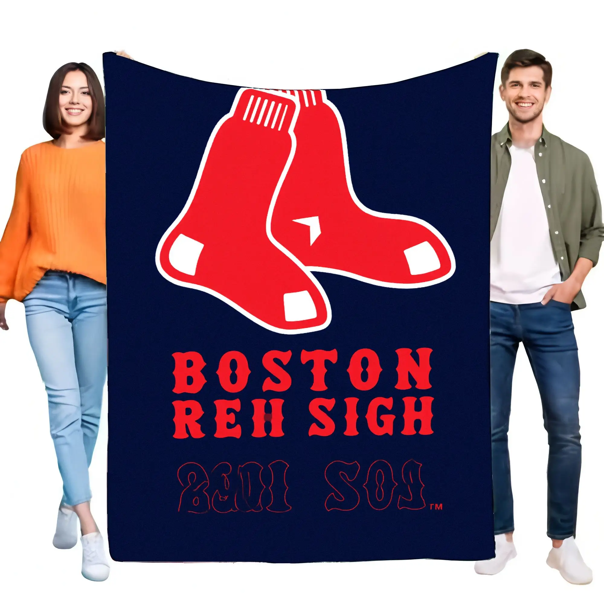 Cobertor com logotipo do Boston Red Sox azul escuro aconchegante com texto vermelho negrito 'BOSTON REII SIGH' – perfeito para fãs, macio, quente e leve