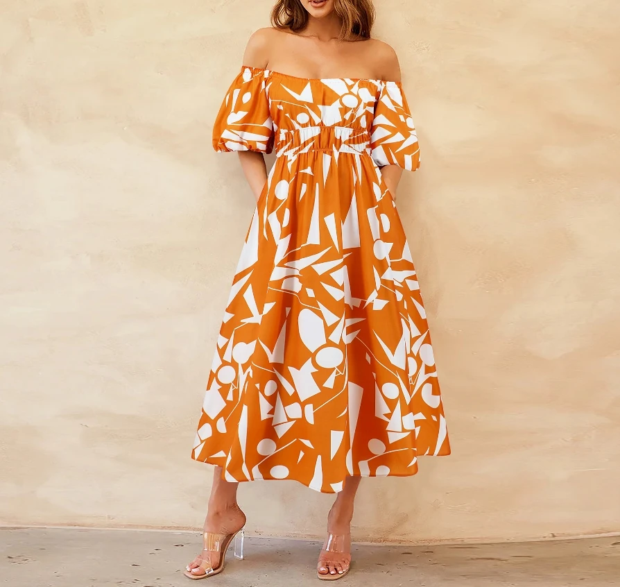 

Women's Dress Summer Summer Vacation Basic Sexy Geometric Print Off the Shoulder Bubble Short Sleeve High Waist Maxi Dress