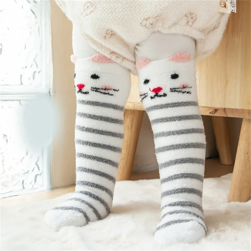 Winter-Overknee-Socken für Kinder mit dickem Futter, Cartoon-Streifenmuster, Oberschenkelhohe Socken für Kleinkinder von 0–3