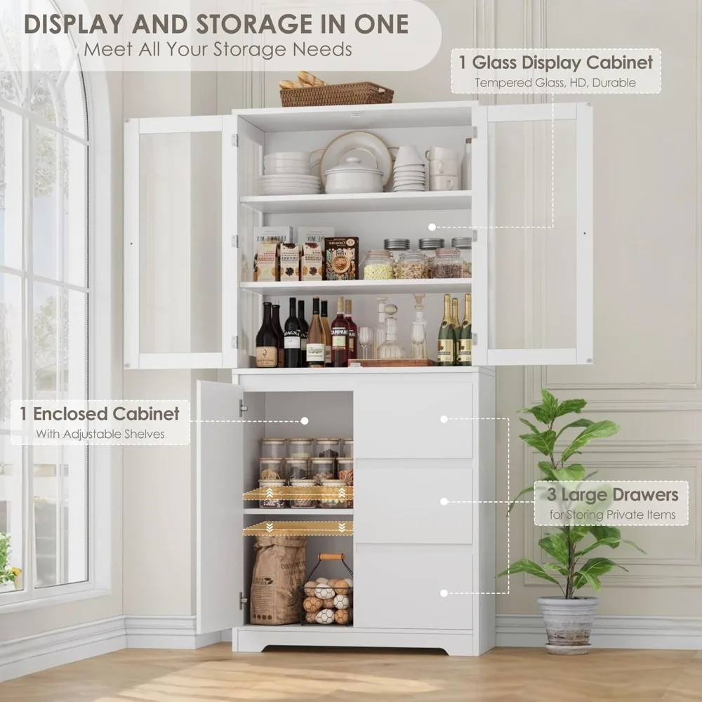 خزانة كتب كبيرة مقاس 71 بوصة مع خزانة عرض زجاجية وأرفف كتب واسعة من 3 طبقات، ورف كتب طويل مع 3 أدراج تخزين، وكابينة صينية #4