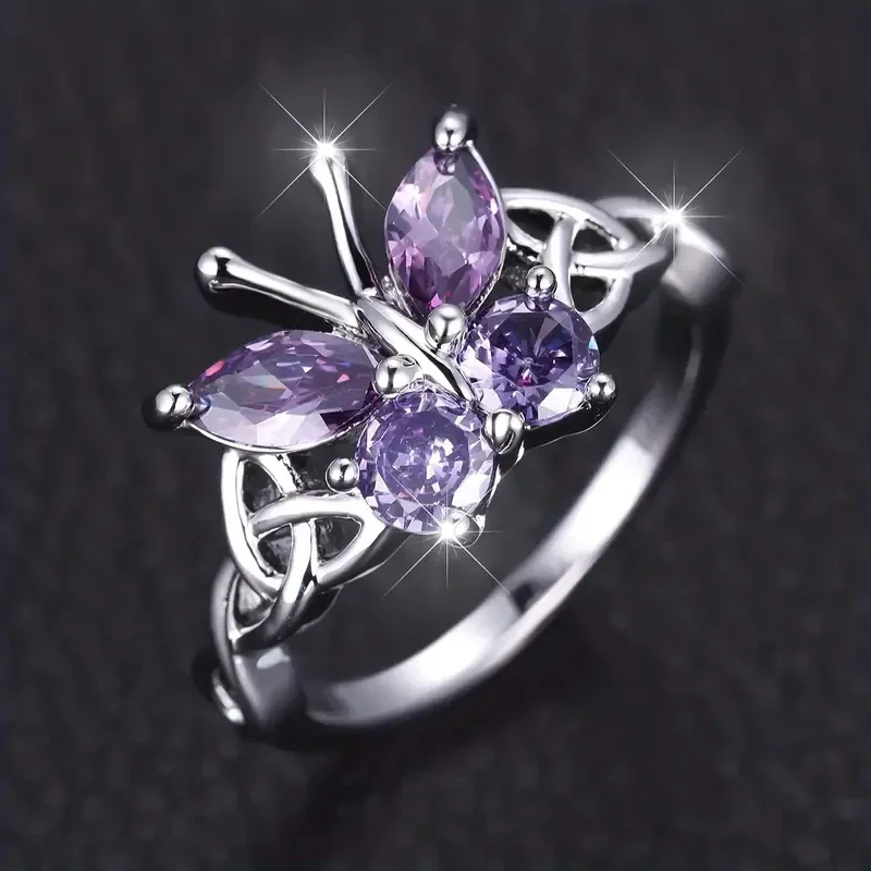 Huitan رومانسية الأرجواني فراشة خواتم للنساء الساحرة الأرجواني مكعب زركونيا الجمالية الإناث خواتم مجوهرات الأزياء الطرف #3