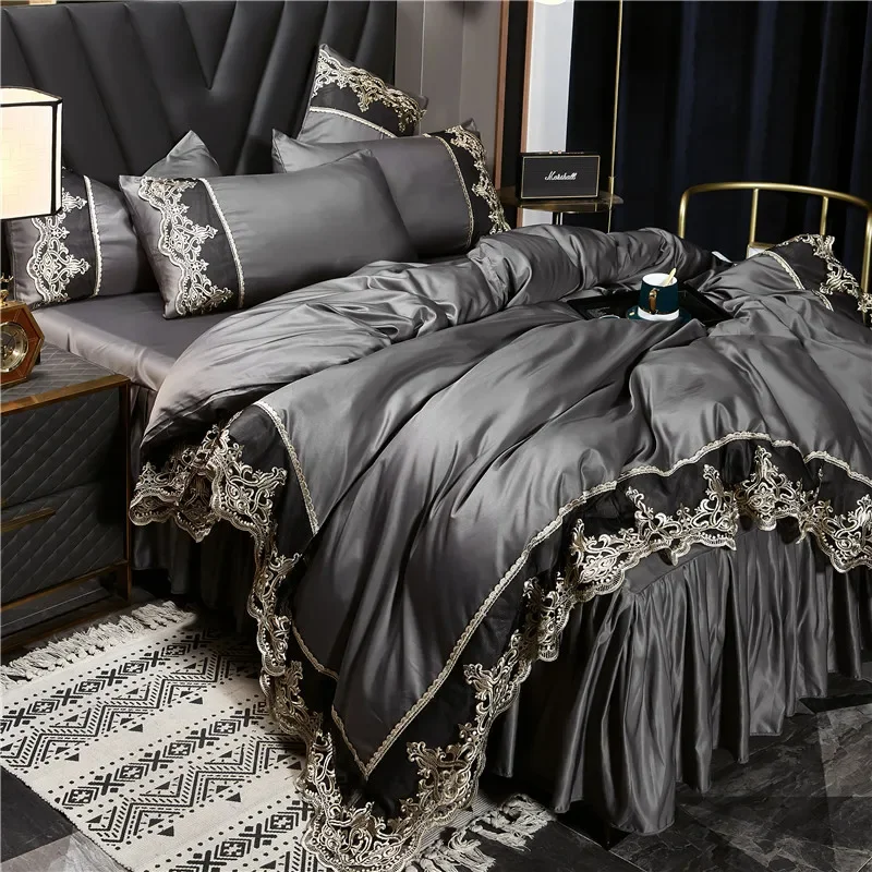 Summer European Ice Rayon Bed Skirt Bedding Set Skin-Friendly Silky Quilt Kit for Sleepers Ice Silk Cozy Cooling Bedspread Sets