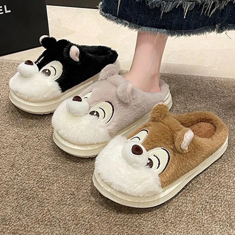 New Winter Cute Cartoon Pattern Warm Plush Slippers Women's Indoor Non-Slip House Slides Women Toe Wrap Home Cotton Shoes