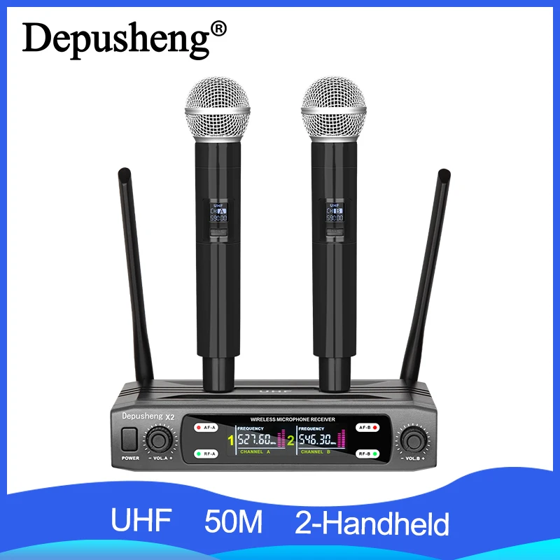 

Wireless Microphone Depusheng X2 Handheld Dual Channels UHF Fixed Dynamic Mic For Karaoke Wedding Party Band Show Church