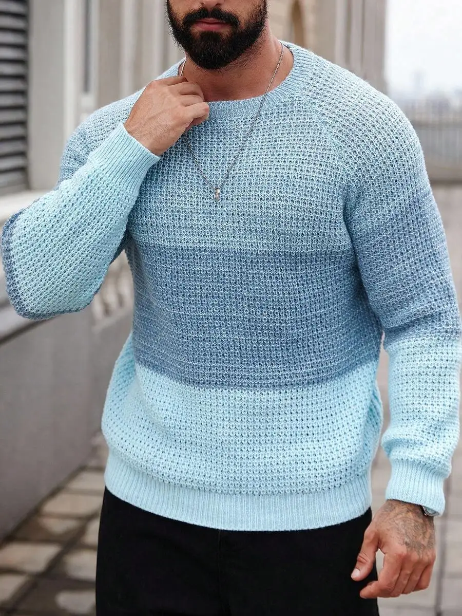Men's Gradient Blue Crew Neck Raglan Sleeve Knit Sweater, Casual Autumn Winter Wear