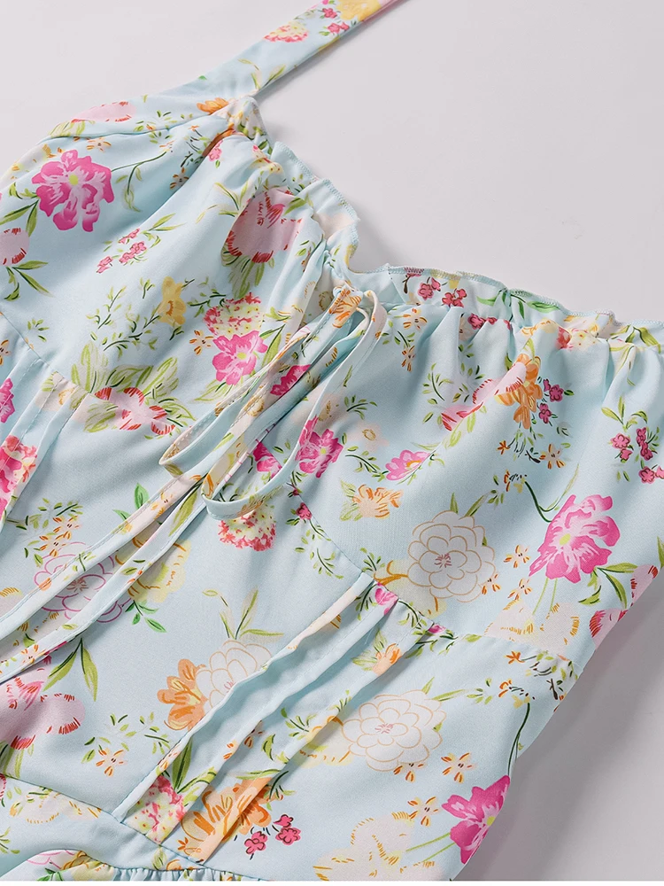 NewAsia Damen Neckholder, rückenfrei, bedruckt, Blumenmuster, Midi-Korsettkleid, Spaghettiträger, zum Binden, modisch, lässig, Urlaub, lange Kleider, Rosa – Detail 26