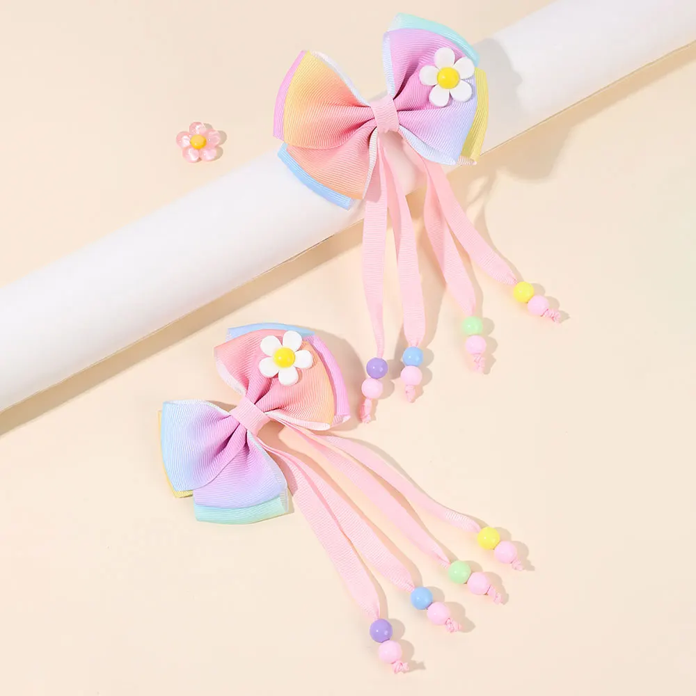 2PCS Sweet Ribbon Bow Hair Clips Elegant Bead Tassels Bowknot Hairpin Cute Pompon Barrettes Headwear Kids Hair Accessories