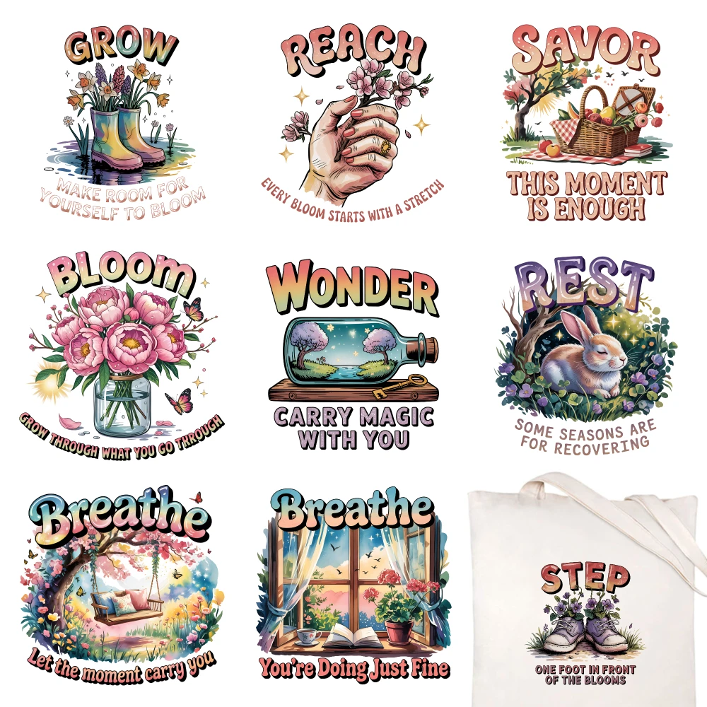 9 Pcs Grow Reach Savor Bloom Wonder Rest Breathe Breathe Step Iron on Transfers for clothing, T-shirts, jeans, backpacks, hats,
