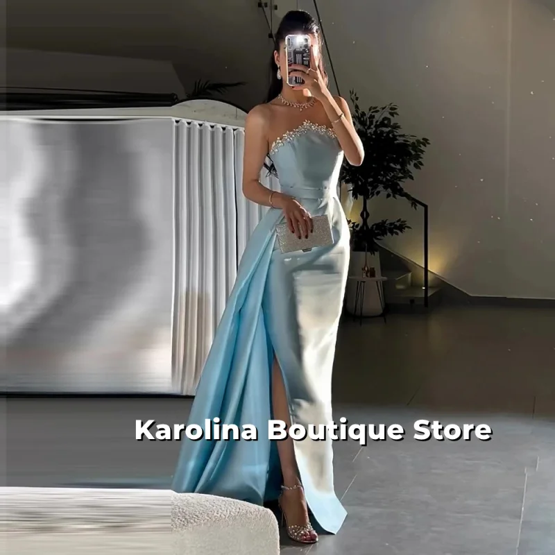 فساتين سهرة فاخرة للنساء 2025 أزرق سماوي من الساتان بفتحة جانبية عمود ثوب مسائي طويل ثنيات مطرز بحجر الراين فستان الحفلات