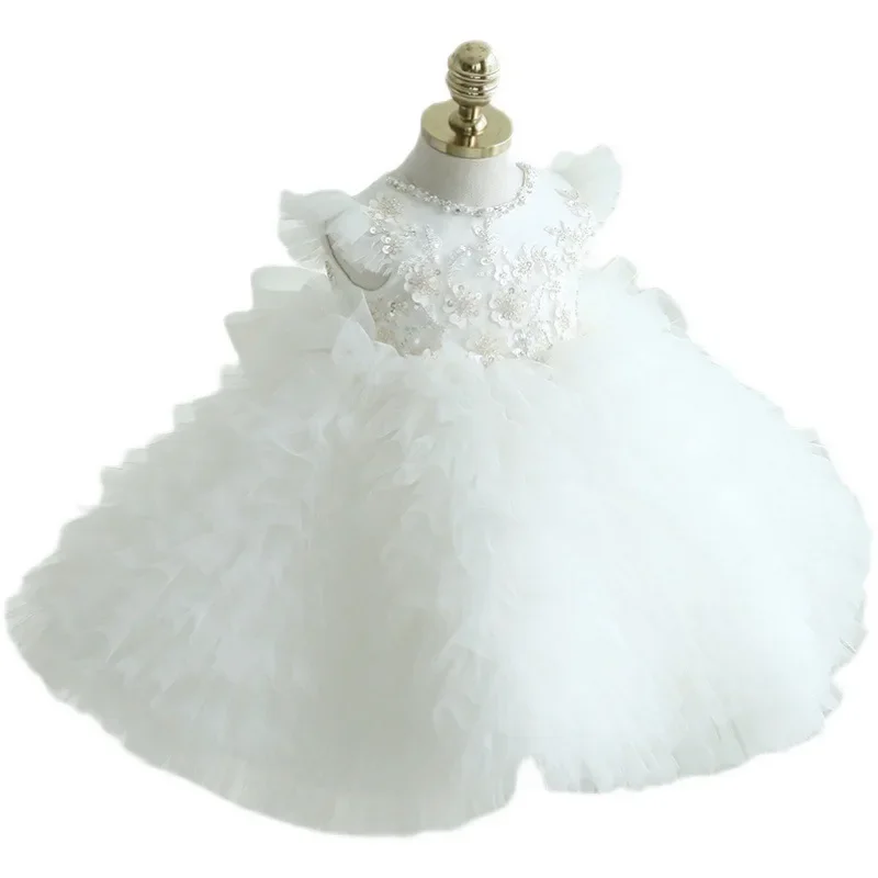 

Yalindars Wholesale white colors smart flying sleeve Christmas baby girls toddler tutu cake embroidered sequins dress