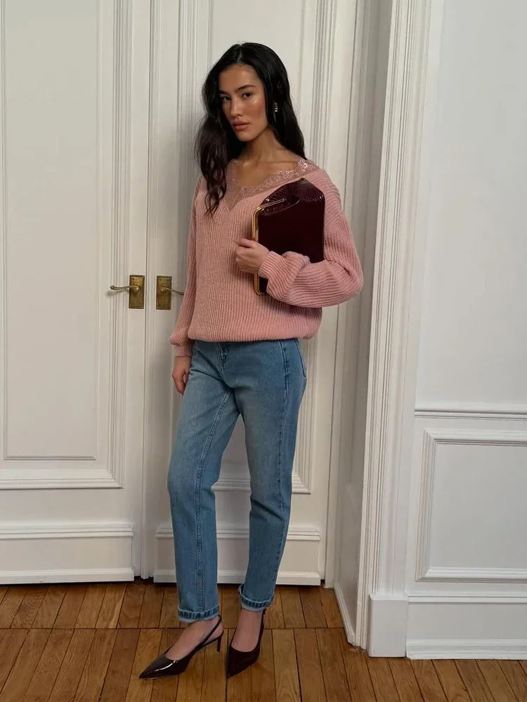 Asymmetric Blush Lace Trim Sweater Women V Neck Puff Sleeve Ribbed Knit Pullover Cute Sweet Casual Fashion Top