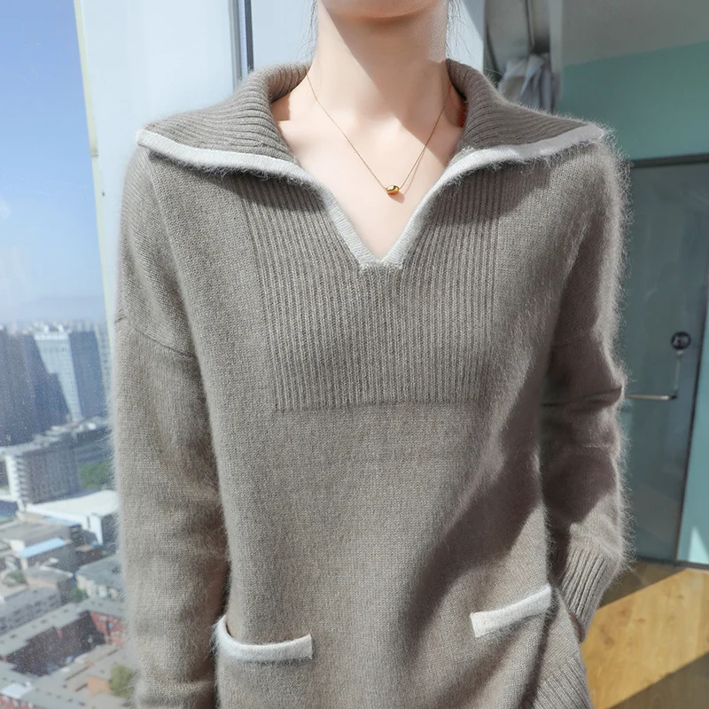 2024 Autumn and Winter new 100% Mink Cashmere Sweater Women's Pullover Loose Korean Version Fashion Knitted Large Lapel Knit Top