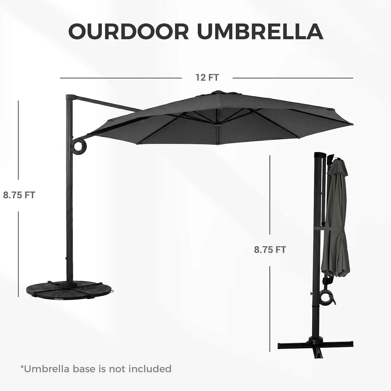 12 FT Patio Umbrella, Outdoor Large Round Cantilever Umbrella with 360° Rotation, Aluminum Offset Umbrella for Patio, Custom