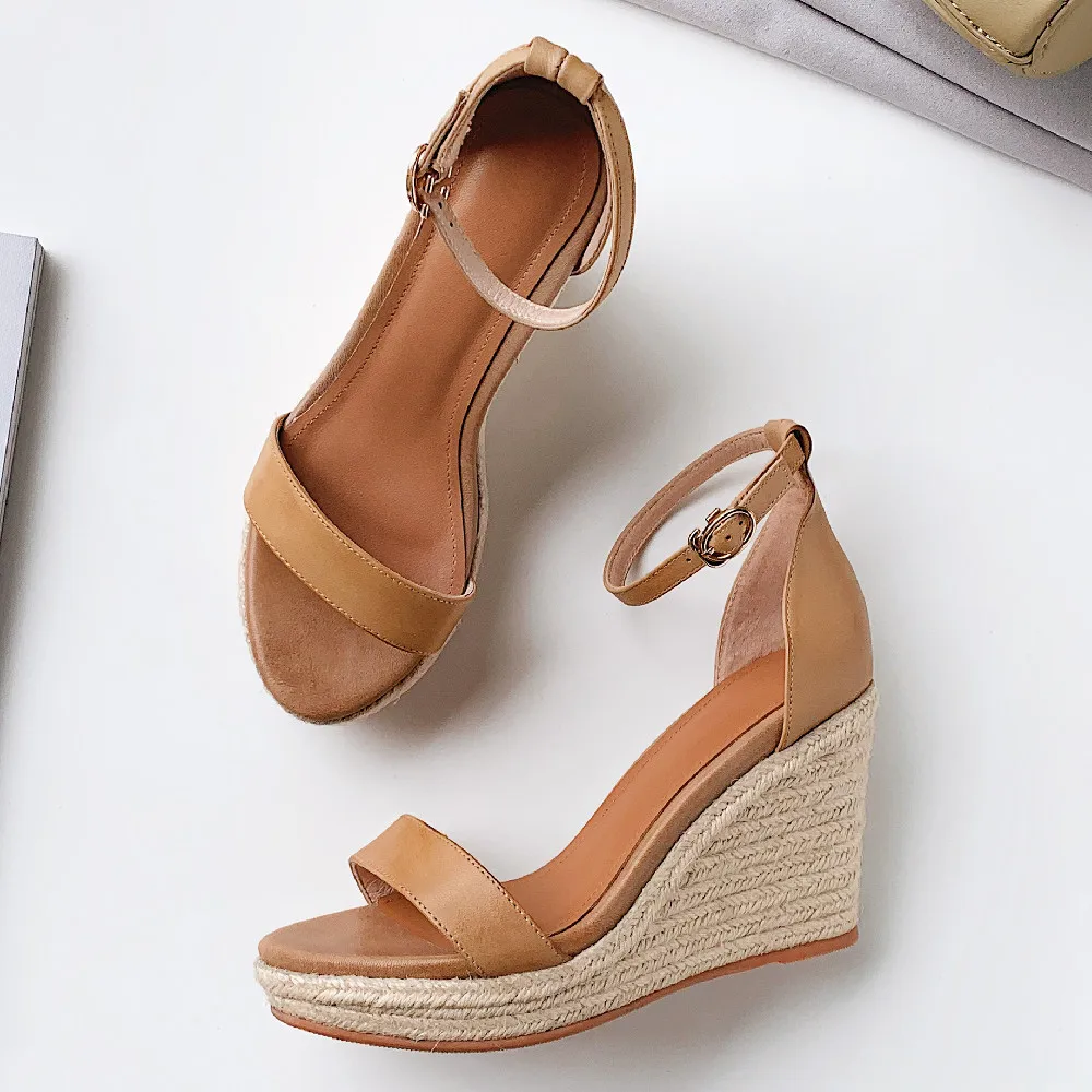 Women\'s sheepskin wedge platform high heel ankle strap sandals narrow band open toe elegant ladies slim dress pumps shoes women