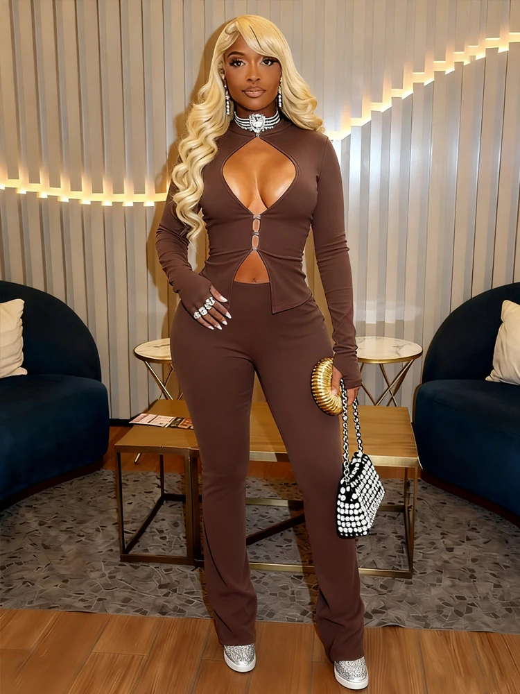 

Weird Puss Sexy 2-Piece Set Women Tracksuit Chest Hollow Button Cardigan+Zip Pants Marching Sporty Stretch Skinny Streetwear