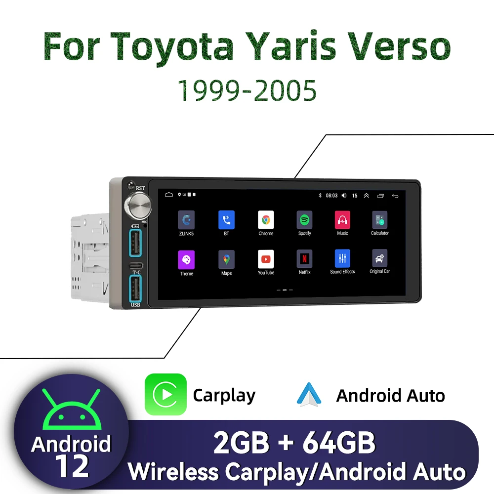 

Carplay 6.86" Screen Multimedia 1Din Android Car Radio for Toyota Yaris Verso 1999-2005 Head Unit Autoradio Stereo Navigation