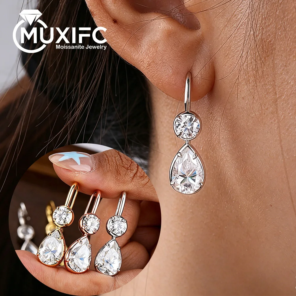 

Round & Pear Cut Moissanite Drop Earrings for Women 925 Sterling Silver 2-Stone Diamond Dainty Long Dangle Wedding Hook Earring