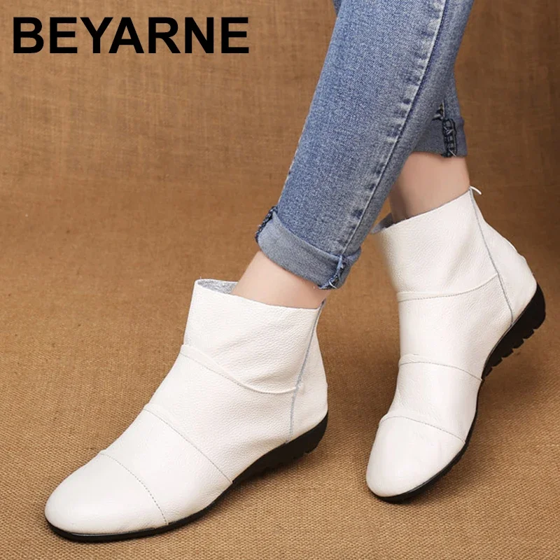 BEYARNE new arrive Genuine leather boots buckle women boots flats winter shoes ladies female autumn boots black,white,beige