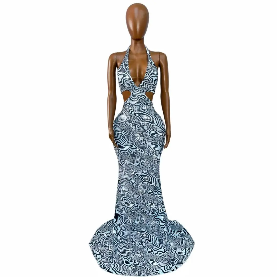 Xiaobanma Elegant Swirl Wave Pattern Rhinestone Bodycon Long Dress Halter Plunge V Hollow Torso Gala Party Outfit