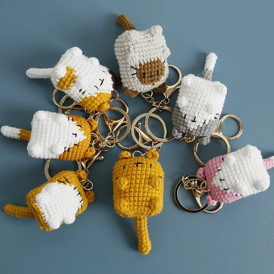 Crochet Chaveiros para Presentes Handmaking, Cute Cat Doll Chaveiros, Acessórios pingentes, Knitting Cartoon, Small Cat Keychains Gift