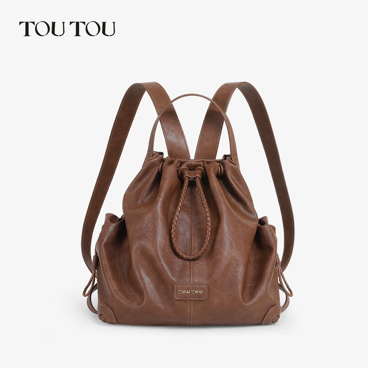 

TOUTOU 2-in-1 Vintage PU Leather Backpack Women Drawstring Bucket Bag Multi-pocket Shoulder Bag Fits 10.9" Tablet bags for women