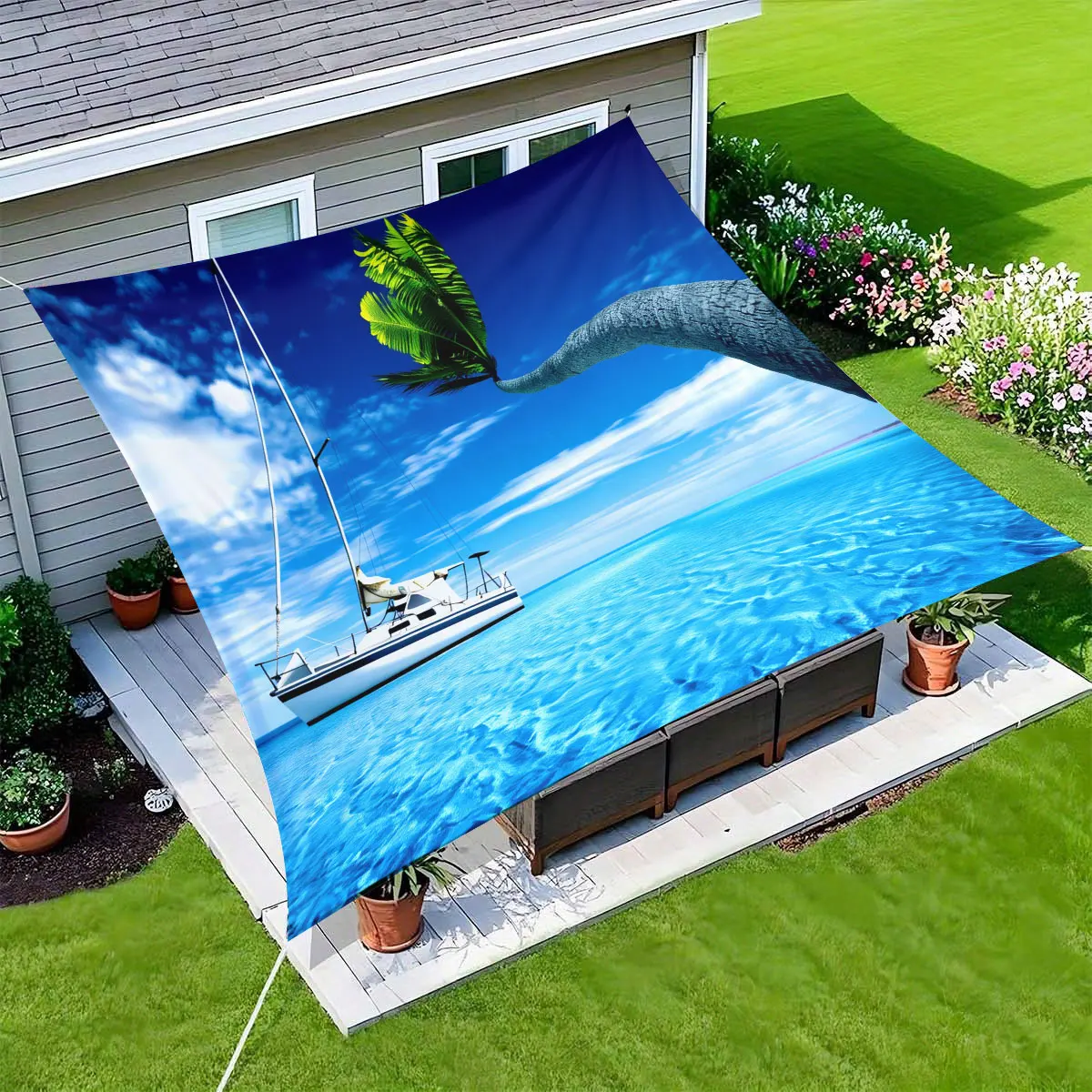 Auvent extérieur et abri de plage 1 pièce Tropical Ocean View – motif voilier blanc et palmier, résistant aux UV, facile à installer