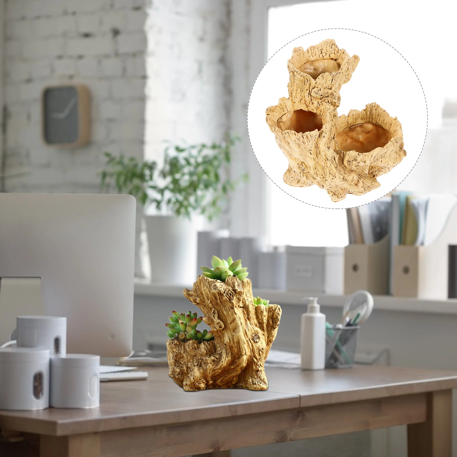 Vaso de flores de resina com design de raiz de árvore simulada, plantador de mesa amarelo para suculentas, cacto, decoração interna e externa
