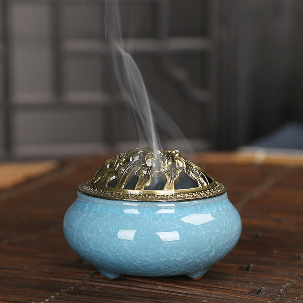 

Sky Blue Cone Incense Burner Ceramic with Alloy Stick Holder Stable Three-Leg Design for Coil Corn Incense