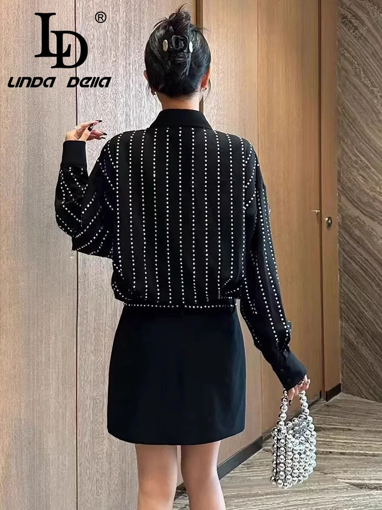 LD LINDA DELL Little black dress shirt with lapel, long sleeved, rhinestone studded, commuting casual fashion dress