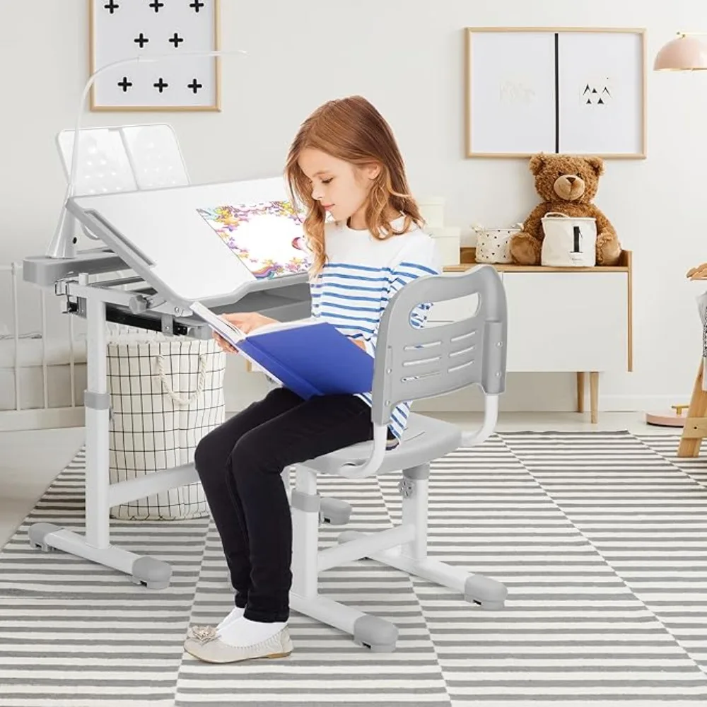 Kids Desk and Chair Set Height Adjustable School Study Desk and Chair with 55° Tiltable Desktop, 3 Modes&3 Brightness LED Lamps