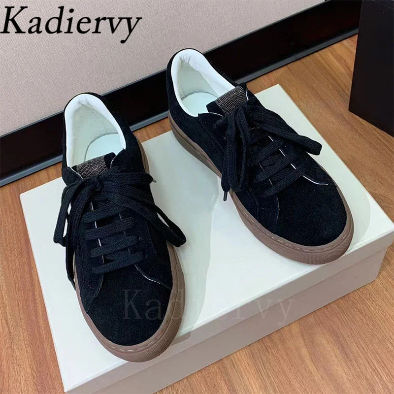 Cow Suede Sneakers Women Chain String Bead Lace Up Sports Shoes Round Toe Casual Comfort Flat Shoes Woman Zapatillas Mujer