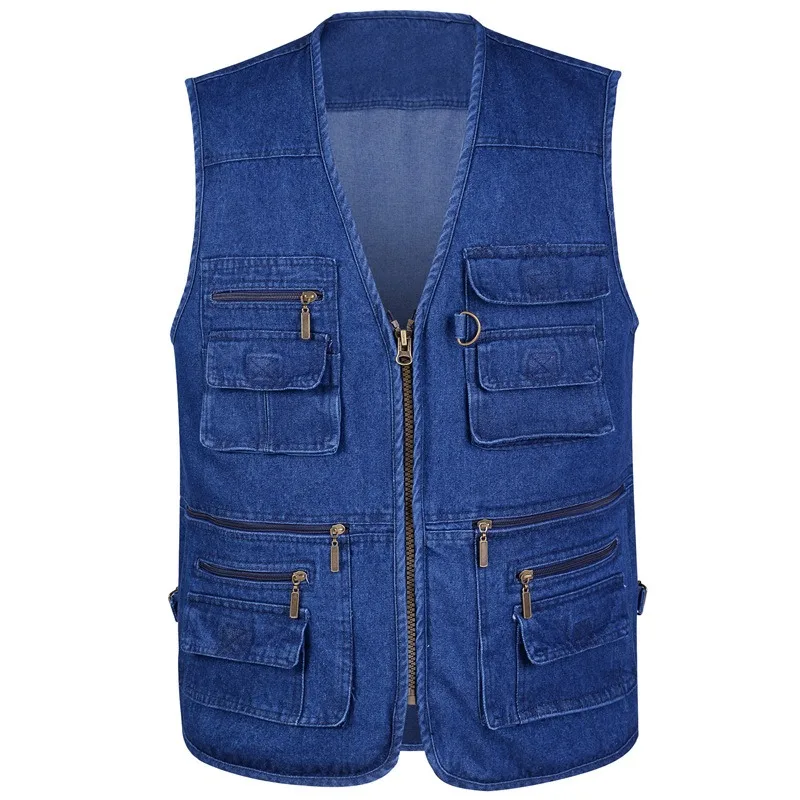 

Summer Men's Denim Blue Loose Multi-pocket Casual Outdoor Tooling Solid Color Vest Fishing Vest Overalls