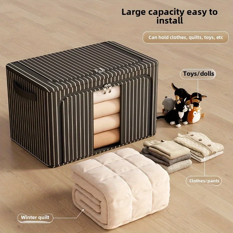 

2pcs 100L Large Capacity Foldable Black & White Striped Storage Boxes with Reinforced Handles, Transparent Window & Gray Stee