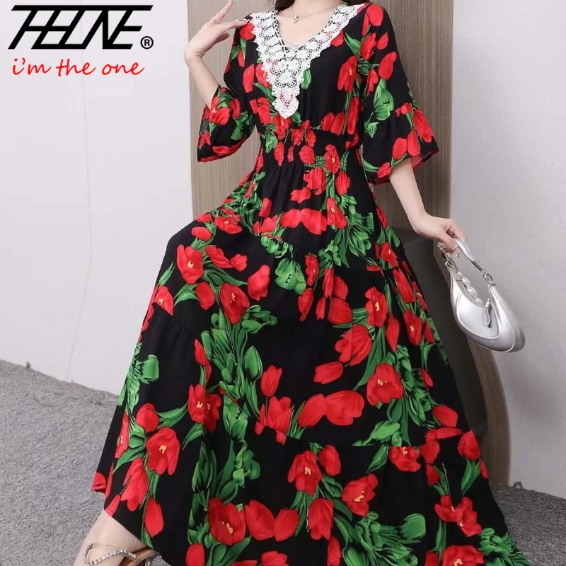 

Vestido Feminino Para Mujer Maxi Long Lace Dress for Women 2023 Prom Summer Indian Clothes Robe Bohemian Floral Korean Casual