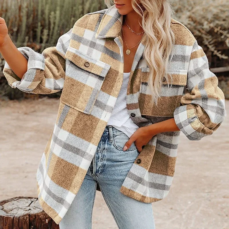 

Autumn and Winter Women's Loose Contrasting Lapel Plaid Button Flannel Woolen Long Sleeve Shirt Jacket