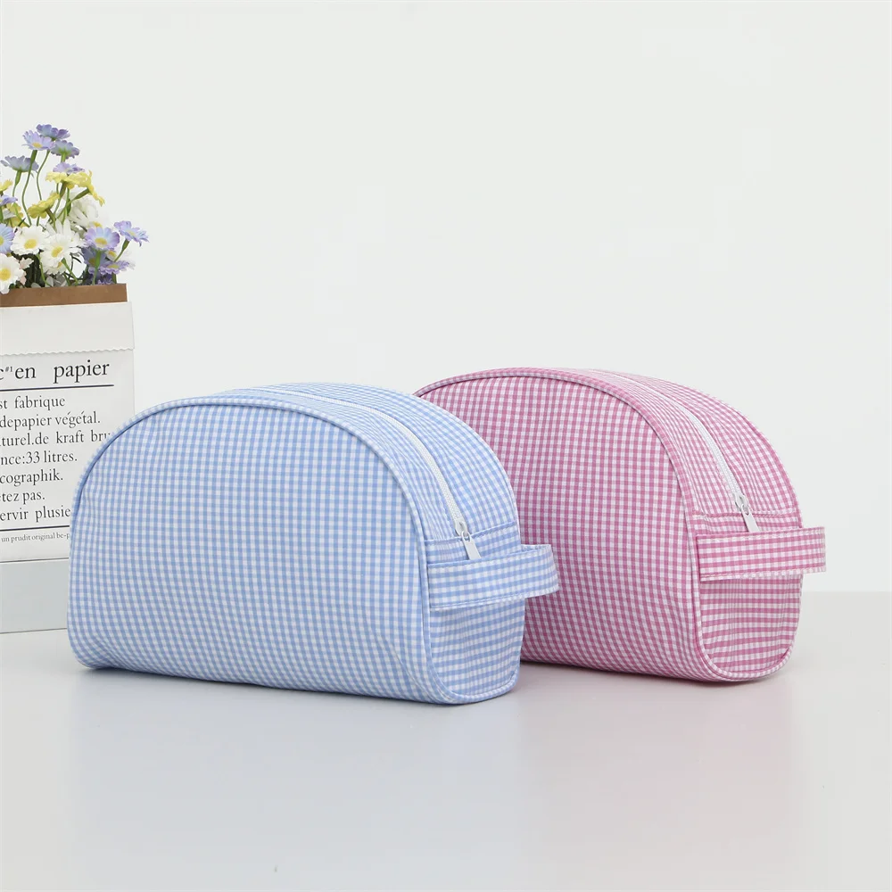 

Plaid Cosmetic Bag For Women Makeup Pouch Large Travel Checkered Purse Pink/Blue Shell Bag Toiletry Bag