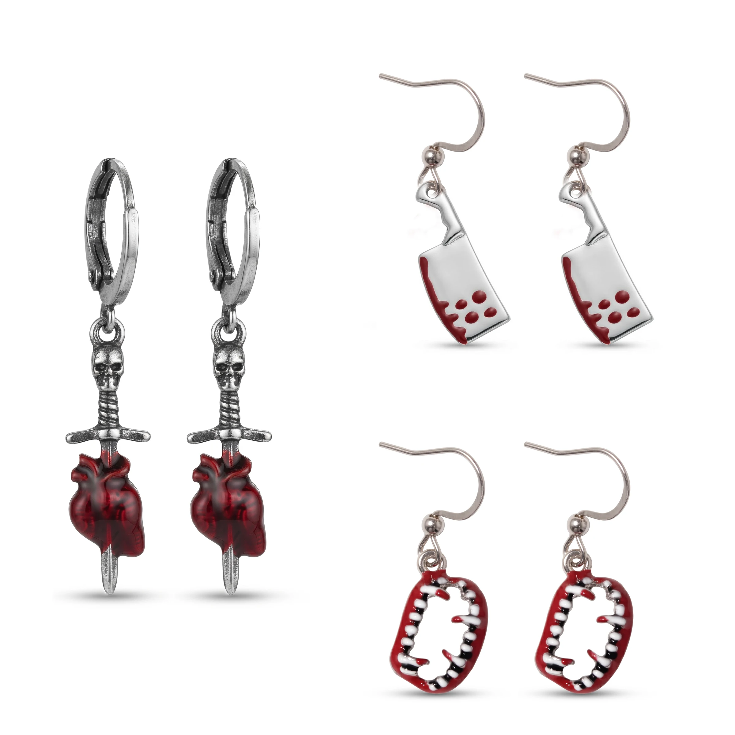 Halloween Dangle Earrings Set Skull Sword Heart Cleaver Razor Shapes Silver Red For Women Girls Holiday Party Jewelry Gift