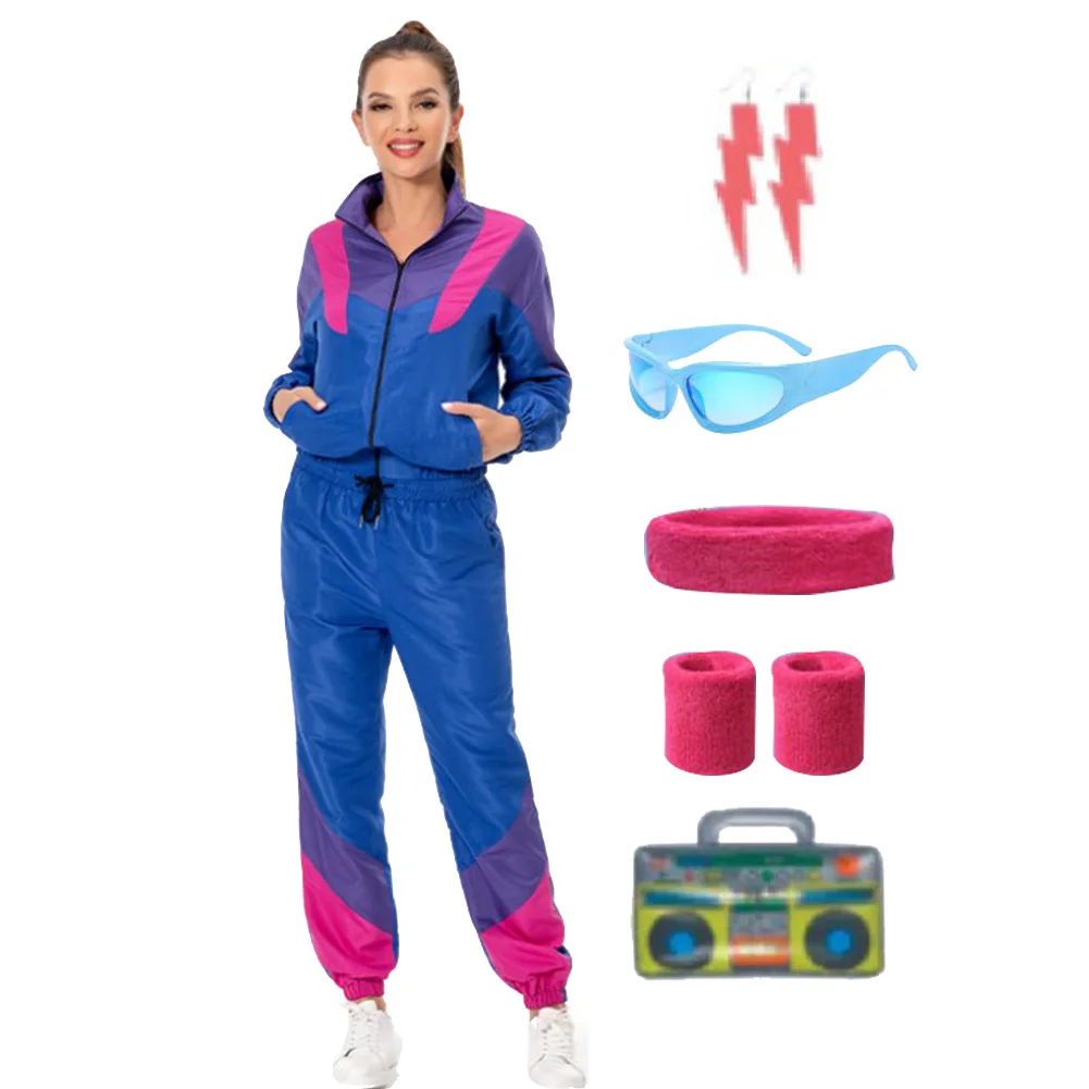 Womens Retro 80s Cosplay Tracksuit Windbreaker Top and Jogger Pants Set Halloween Carnival Suit Disguise Ladies Women Men Adult