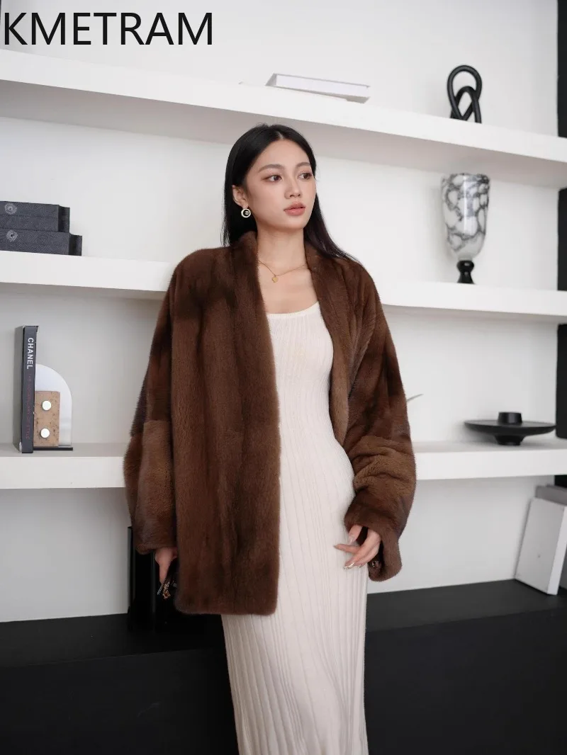 KMETRAM Real Mink Fur Jacket for Women 2026 Cleanfit Style Winter Coat Women V-neck Fur Jacket Women Fur Overcoat Шуба Женская