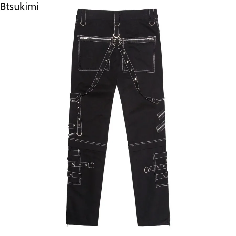 2024 Men's Hip Hop Rock Punk Gothic Pants Cotton Casual Pants Buckle Zip Chain Strap Trousers Men Streetwear Daily Cargo Pants
