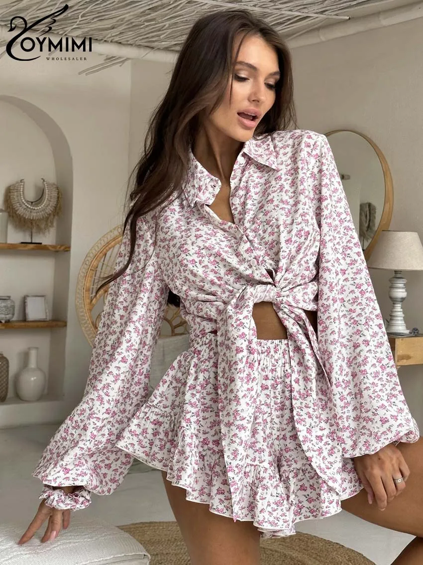 Oymimi Casual Pink Print Sets Womens 2 Piece Fashion Lapel Long Sleeve Button Shirts And High Waist Pleated Mini Skirts Sets