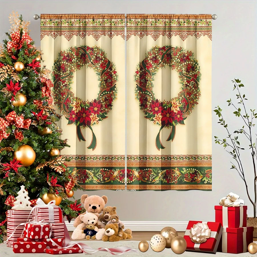 2PCS Christmas Winter Curtains, Vintage Pine Wreath Poinsettia Berry Gold Frame, Digital Print, Bedroom Living Room, Home Decor