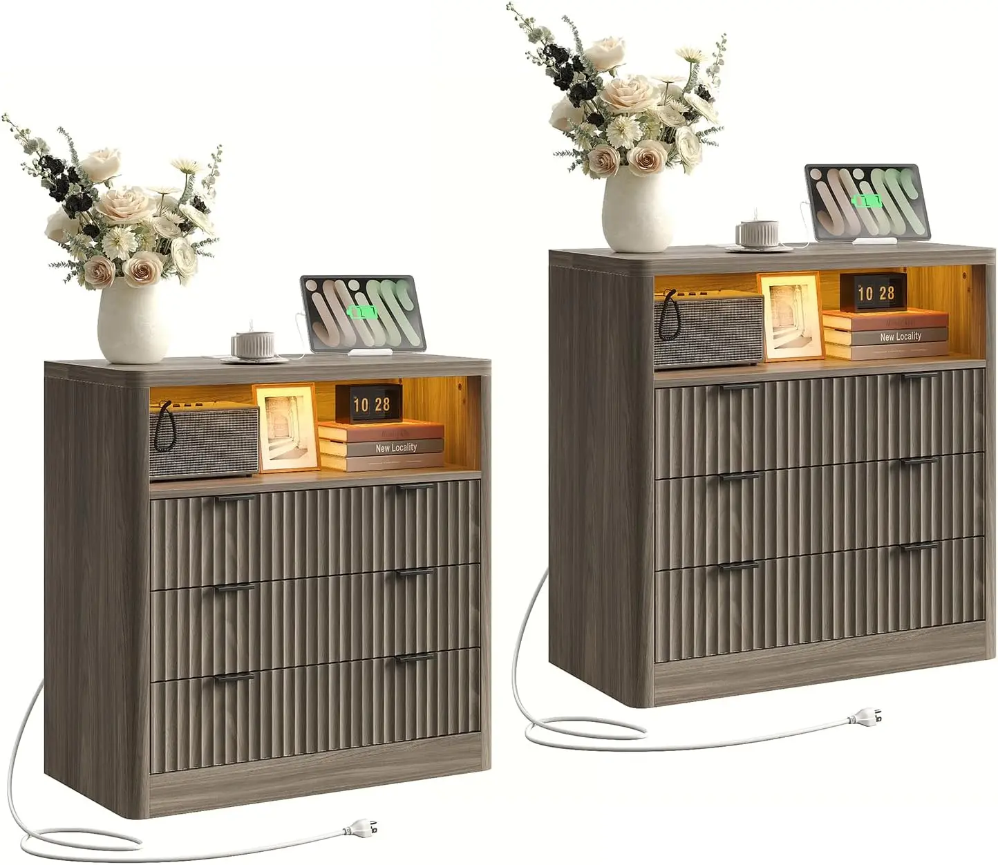

Set of 2 Fluted Nightstands with Charging Station, LED Lights, 3 Drawers, Open Shelf, Modern Bedroom End Table, Light Brown