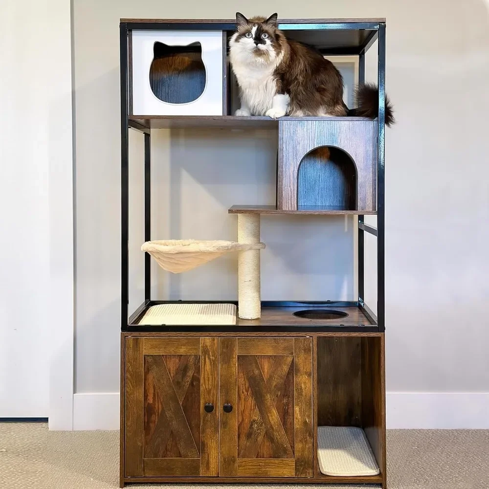 

Cats Litter Box Enclosure Hidden Cat Litter Box Furniture with Cats Tree Wooden Cat House Indoor with Cats Cave, Scratching Post