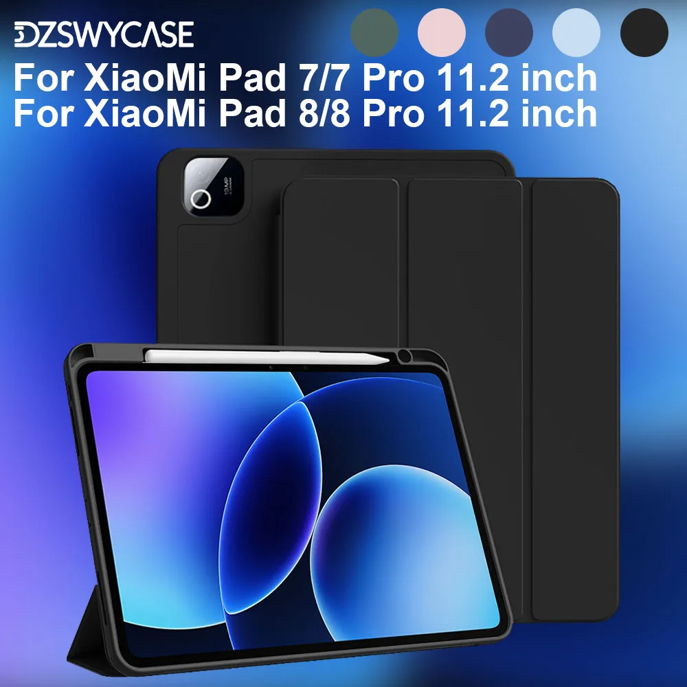 Silicone Case for XiaoMi Pad 7/7 Pro, For XiaoMi Pad 8/8 Pro 11.2 inch, with Pencil Holder, Trifold Stand Cover, Auto Sleep/Wake